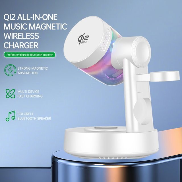 VIKEFON Qi2 25W Magnetisches kabelloses Schnellladegerät mit Bluetooth-Lautsprecher in Weiß für iPhone, Apple und Samsung Galaxy Watch sowie AirPods - Bild 1