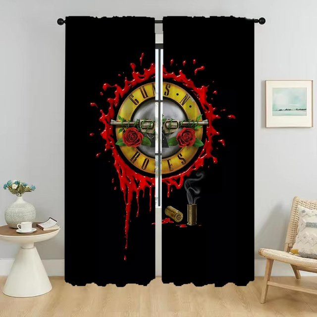 2er-Set Küchenvorhänge Rock-Gun Roses Halloween Dekoration aus Tüll in Schwarz, Mückenschutz und Trennwand für Wohnzimmer und Schlafzimmer, Breite: 50 cm, Höhe: 70 cm - Bild 1