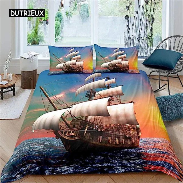 Binchi Outdoor Product Bettwäsche-Set Piraten-Motiv mit Segelboot und Sonnenuntergang, Maritimer Stil, Mehrfarbig, B/H: 135 x 200 cm - Bild 1
