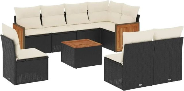 vidaXL 9-teilige Garten-Sofagarnitur aus Poly-Rattan und Akazienholz in Schwarz-Creme mit Kissen - Bild 1