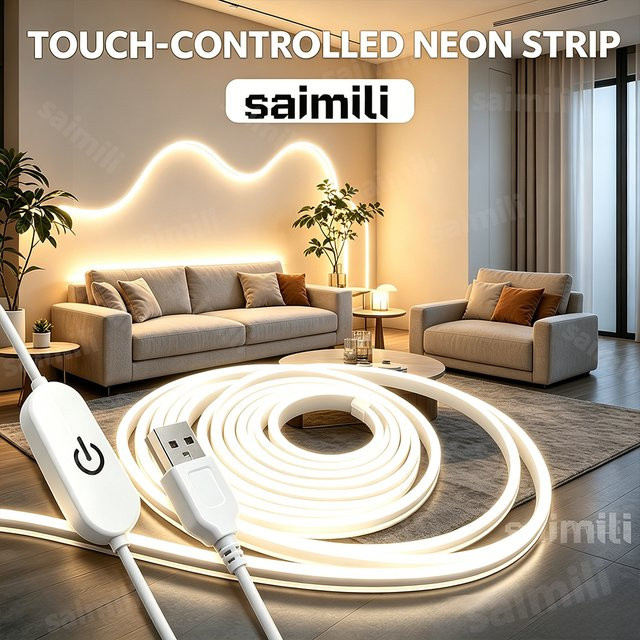 Shine-tale LED-Neon-Lichtstreifen in Warmweiß, dimmbarer USB-Neonlampe mit Touch-Sensor aus Silikon für moderne DIY-Dekorbeleuchtung im Schlafzimmer - Bild 1