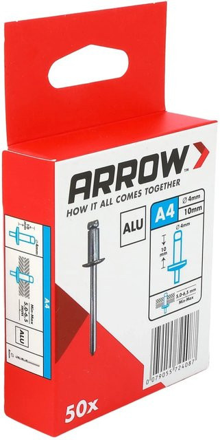Arrow Blindniete aus Aluminium in Silber, Durchmesser: 4 mm, Länge: 10 mm, 50 Stück - Bild 1