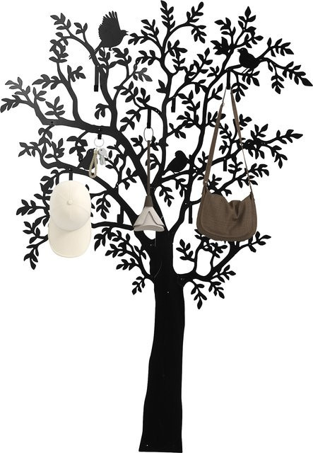 HOMCOM Wandgarderobe in Baum-Form mit 8 Haken und 4 Vögeln, Schwarz, B: 120 cm, H: 175 cm, B/T/H: 120 x 40 x 175 cm - Bild 1