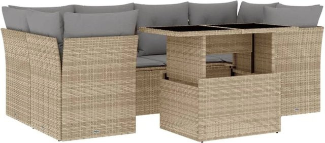 vidaXL 7-tlg Garten-Sofagarnitur aus Polyrattan in Beige mit Kissen und Tisch im L-Shape Design - Bild 1