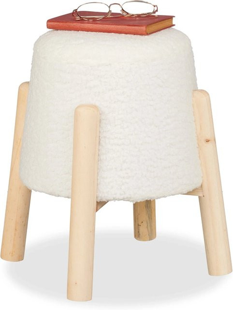 Relaxdays Sitzhocker Teddyfell Weiß B/T/H: 40 x 40 x 30 cm - Bild 1