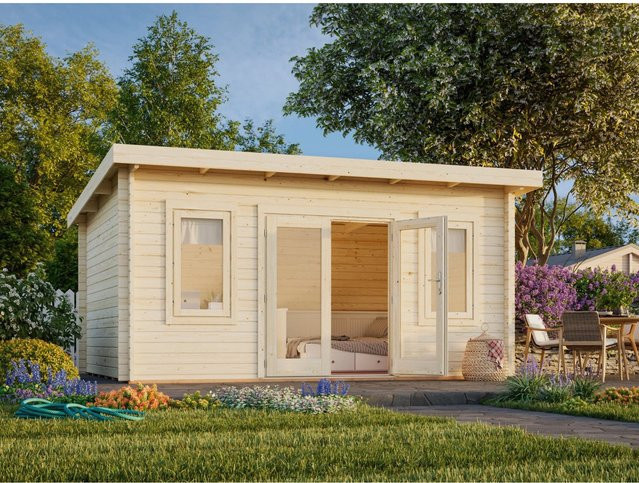 Palmako Blockbohlenhaus Lisa Gartenhaus aus Fichtenholz in Braun mit Pultdach und Boden B/H/T: 450 x 239 x 330 cm - Bild 1