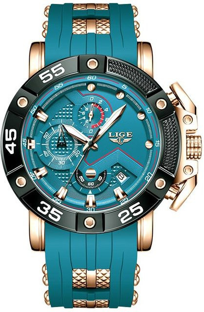 LIGE Armbanduhr Quarz, Silikonarmband, Grün, Roségold, Herren - Bild 1