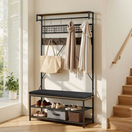 VEVOR Flurgarderobe mit Schuhbank und Kleiderstange in Schwarz, Hall Tree aus Stahl mit 2 Ebenen Schuhablage und Metallgitter, B/T/H: 101,5 x 40,0 x 183,0 cm - Bild 1