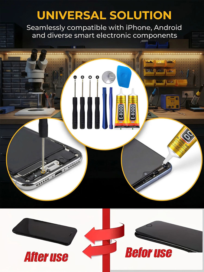 JXVX 8-in-1 Reparaturwerkzeugsatz für Mobiltelefone mit E-8000 Kleber, multifunktionales Demontage-Reparaturset für Android und iPhone, multicolour - Bild 4