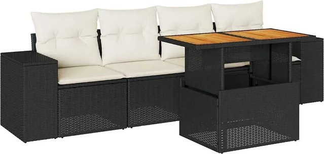 vidaXL 5-teilige Garten-Sofagarnitur aus Poly-Rattan und Akazienholz in Schwarz-Creme mit Kissen - Bild 1