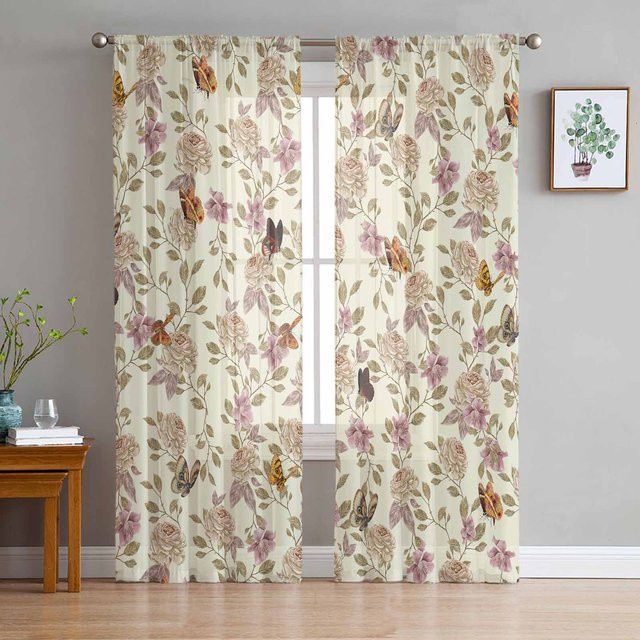 Super Six Chiffon-Fenstervorhang mit grünem Pflanzenmuster, transparent, B: 135 cm, H: 160 cm - Bild 1