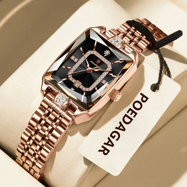 POEDAGAR Armbanduhr Edelstahl, Quarz, Roségold, Schwarz, Damen - Bild 1