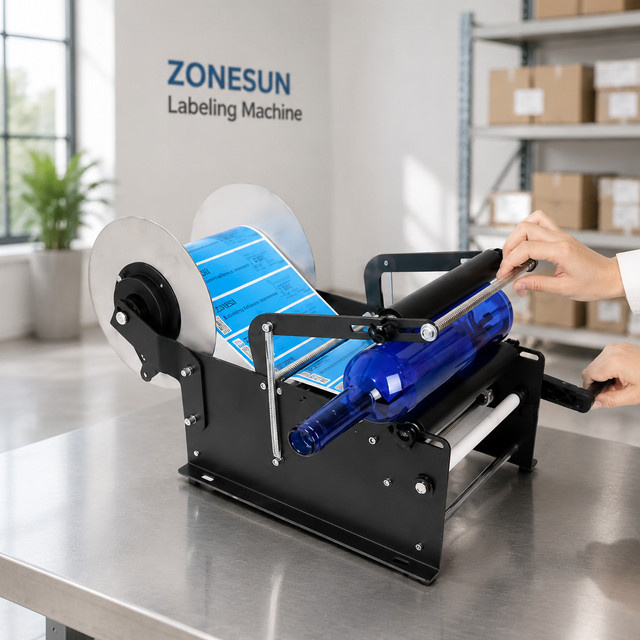 ZONESUN ZS-50W Manuelle Flaschenetikettiermaschine in Schwarz für Wein, Bier und Glasflaschen - Bild 1