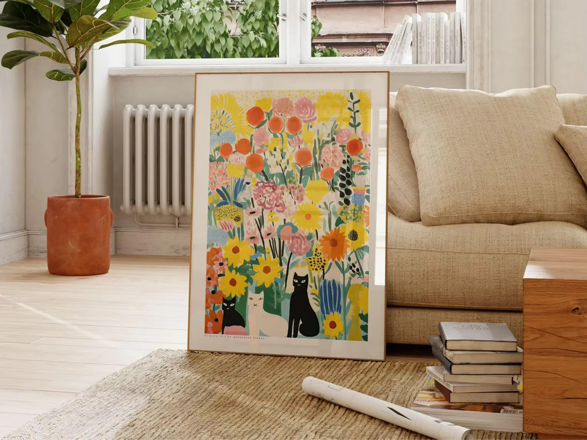SHENCHEN Wandkunst Gelbe Katze im Garten als Giclée-Druck auf Leinwand mit Blumenmotiv - Bild 2