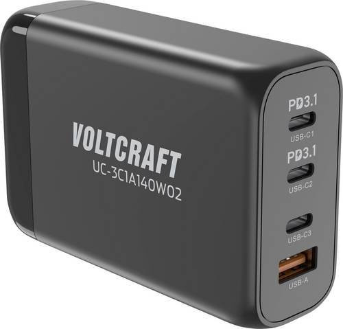 VOLTCRAFT USB Ladegerät 140W Schwarz mit 3x USB-C und 1x USB-A, GaN Technologie und USB Power Delivery (USB-PD) - Bild 1
