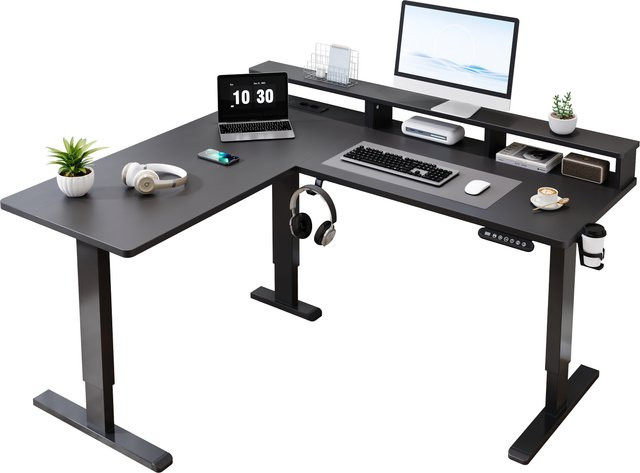 ThomP Elektrischer L-Form Schreibtisch mit 3 Motoren und Memory Steuerung, Eckschreibtisch in Schwarz mit Monitorständer, Kopfhörerhalter und Getränkehalter, Tischplatte aus Holz, B/T: 160 x 140 cm - Bild 1