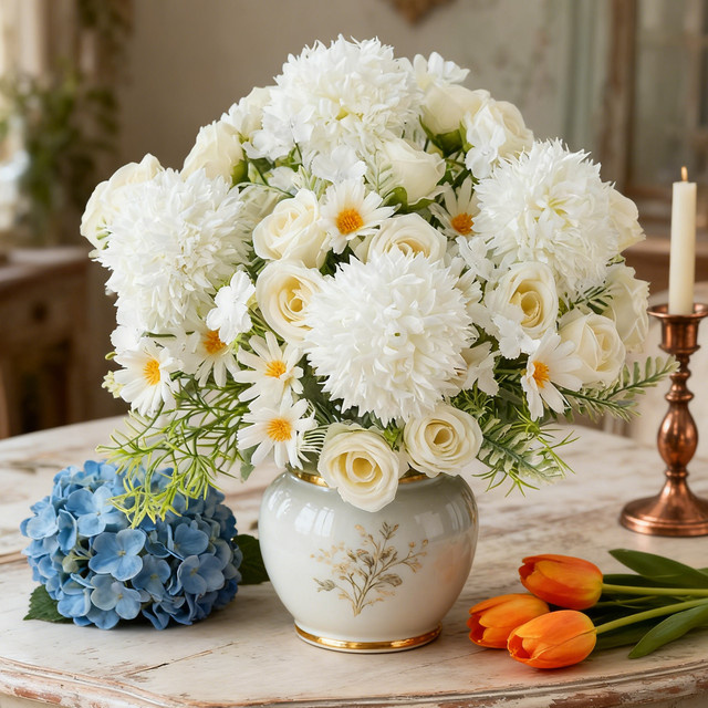 Künstliches Blumenbouquet aus Seide mit Rosen und Chrysanthemen in Weiß von XIAOYINMO für Hochzeiten und Dekorationen - Bild 1