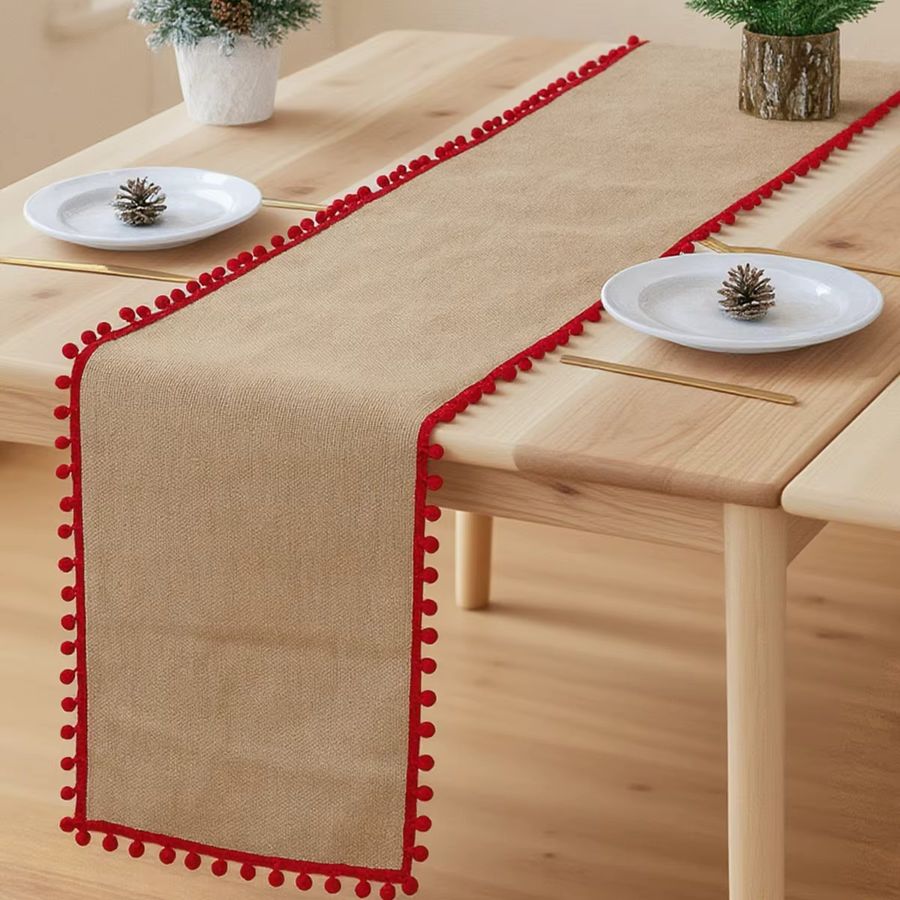 PATIMATE Weihnachts-Tischläufer aus Leinen mit Weihnachtskugel-Quaste zur Weihnachtsdekoration - Bild 2