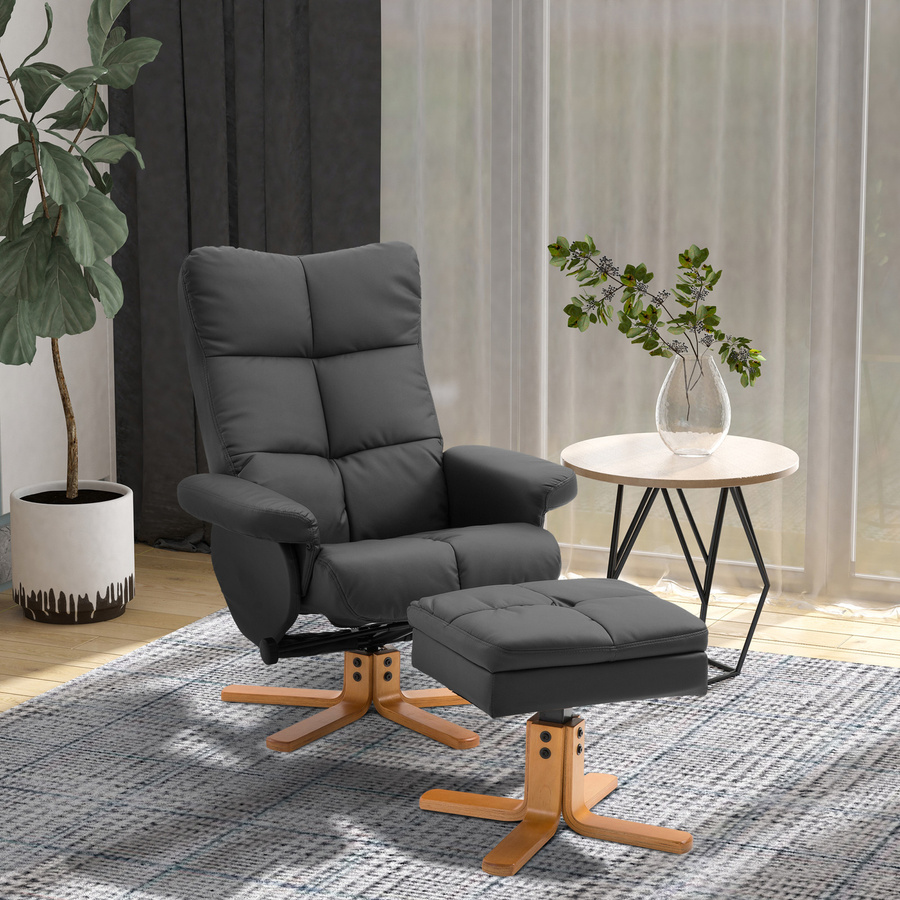 HOMCOM Relaxsessel mit Hocker, 360° drehbar mit Liegefunktion, Kunstleder und Holzgestell, Schwarz, B: 86 cm, H: 99 cm, T: 80 cm - Bild 2
