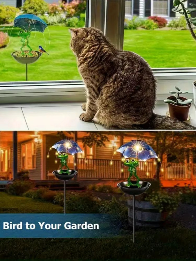 Leclstar Solarbetriebene Frosch-Gartenlampe mit LED-Lichterkette, automatischer Vogelfutterspender und Kolibri-Futtertrog in Grün - Bild 6