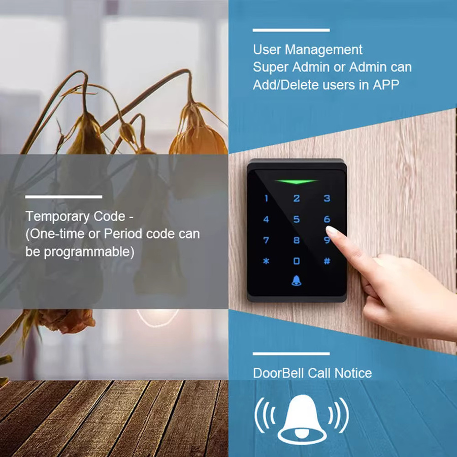 LUCKING DOOR Zugangskontrollsystem mit Tuya-App-Unterstützung, 2,4G WLAN, RFID-Tastatur und hintergrundbeleuchtetem Touchscreen, IP66 wasserdicht, 125 kHz EM-Kartenleser, WG 26 Bit, Schwarz - Bild 3