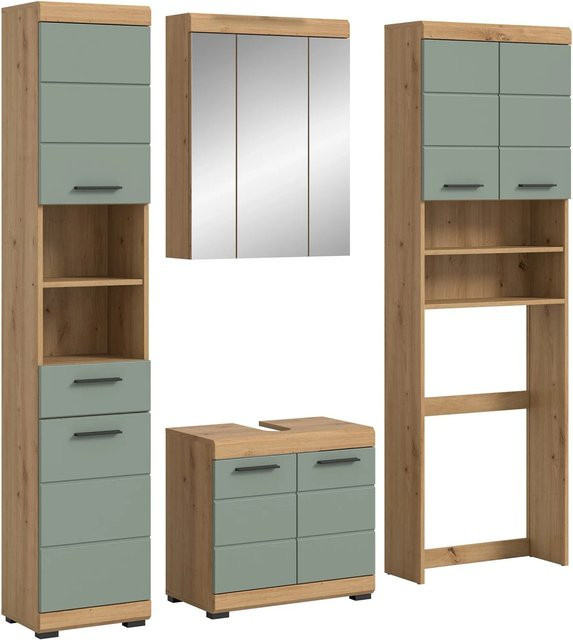 Badkombination Xonox Scout 4-teilig in Eiche Artisan Nachbildung und Salbei Matt mit LED-Beleuchtung, B/H/T: 190 x 191 x 34 cm - Bild 1