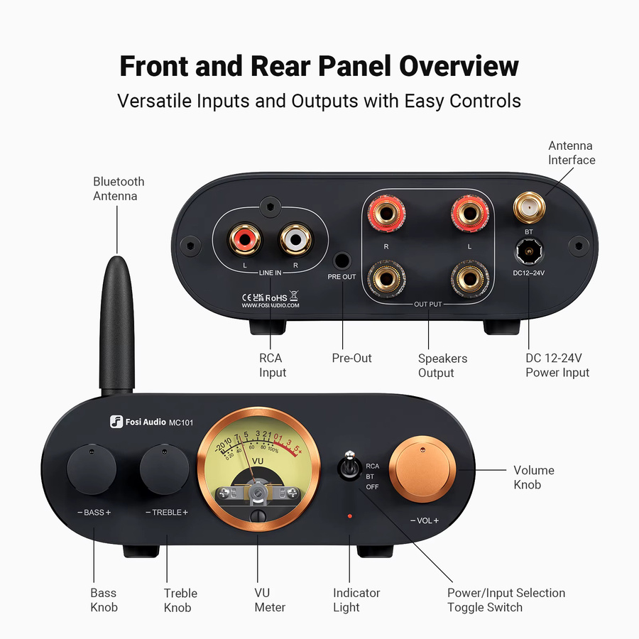 Fosi Audio MC101 Bluetooth-Stereoverstärker in Schwarz mit VU-Meter, 2-Kanal-HiFi-Empfänger für passive Lautsprecher - Bild 2