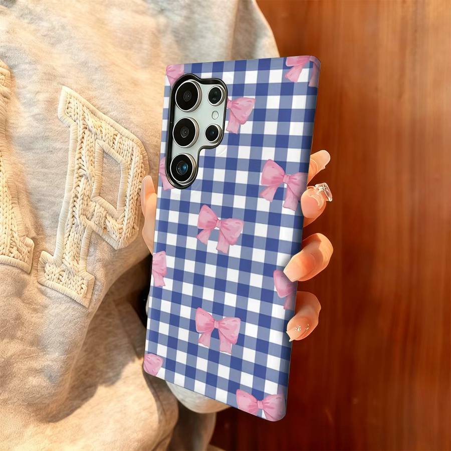 Stoßfeste Gingham Bow Flush Handyhülle für Samsung Galaxy S25 Ultra, S24 und S23 Ultra Plus in Blau mit doppellagiger Rückseite - Bild 2