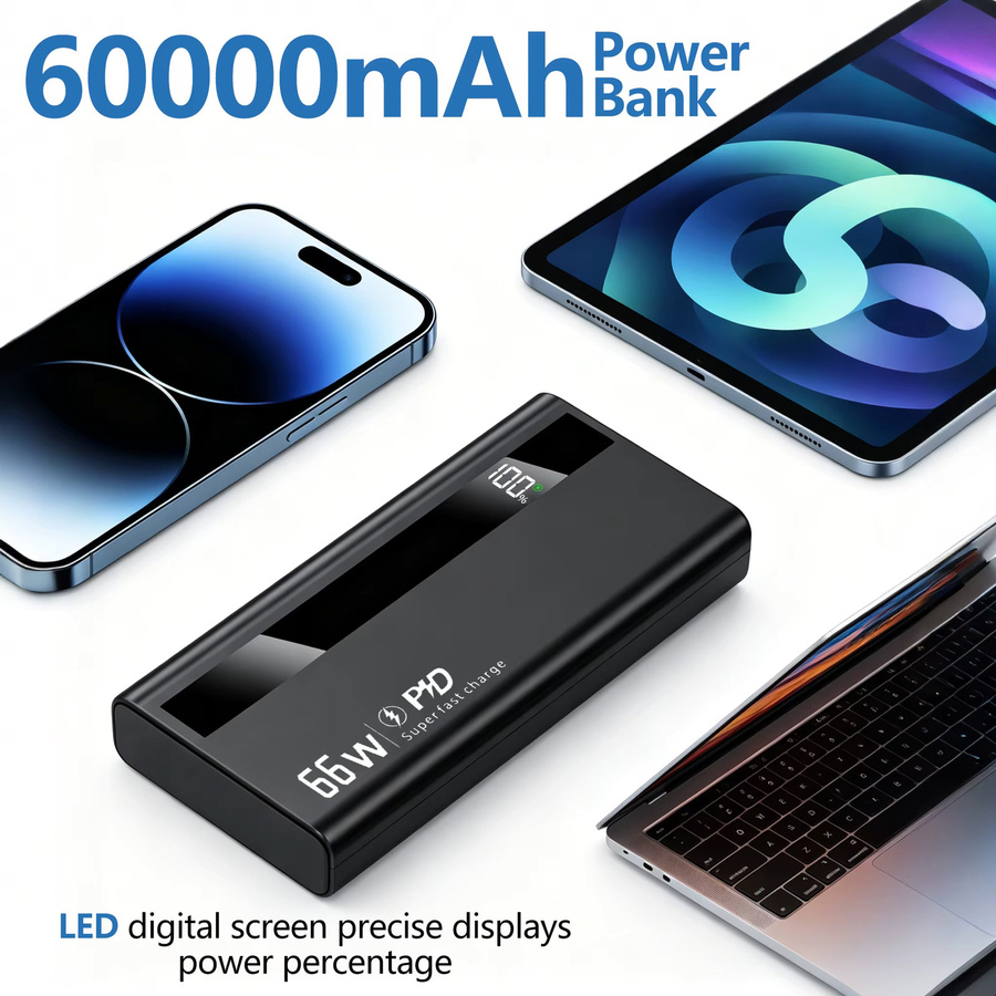 InTessry Powerbank mit 60000mAh Superkapazität, 66W Schnellladefunktion, digitale Anzeige und weißem Lithium-Polymer-Akku für mehrere Geräte - Bild 4