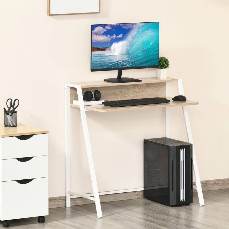 HOMCOM Schreibtisch in Weiß und Eiche mit Metallgestell und Kabeldurchlass, B/T/H: 84 x 45 x 85 cm - Bild 2