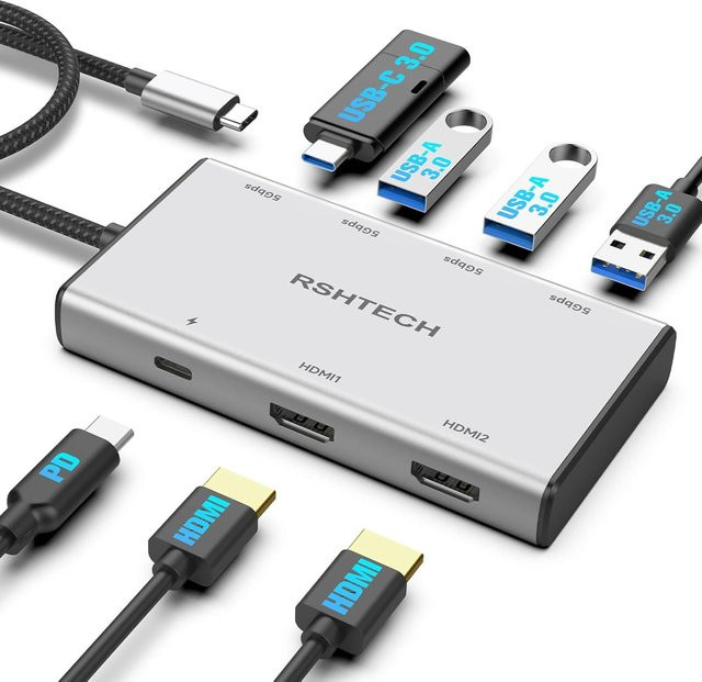 RSHTECH 7-in-1 USB-C Hub Dockingstation mit Dual HDMI 4K@60Hz und 100W PD Aluminium Adapter für MacBook - Bild 1
