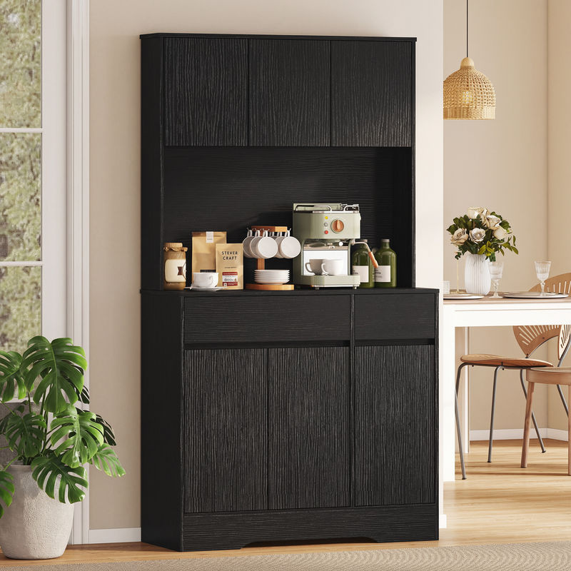 Aosom Küchenschrank Buffetschrank mit Arbeitsplatte und 6 Türen, Moderner Vorratsschrank und Mikrowellenschrank mit verstellbaren Einlegeböden und Kabellöchern, Schwarz, B: 100 cm, T: 38 cm, H: 180 cm - Bild 2