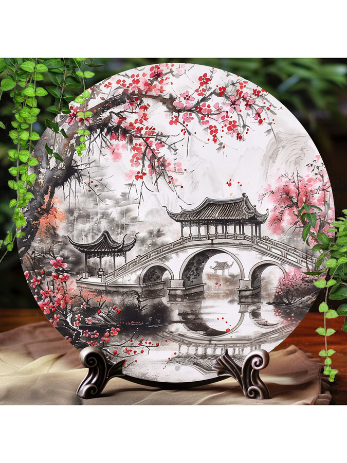 Rundes Aluminiumschild Potdemiel mit chinesischer Landschaft im Vintage-Stil, Wandkunst aus Metall, Mehrfarbig, Durchmesser: 20 cm - Bild 4