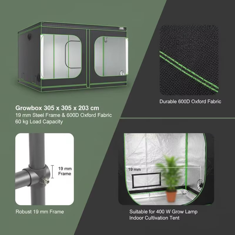 Growbox Indoor-Grow-Zelt aus schwarzem 600D Oxford-Gewebe mit 19 mm Stahlrahmen, B/T/H: 305 x 305 x 203 cm - Bild 5