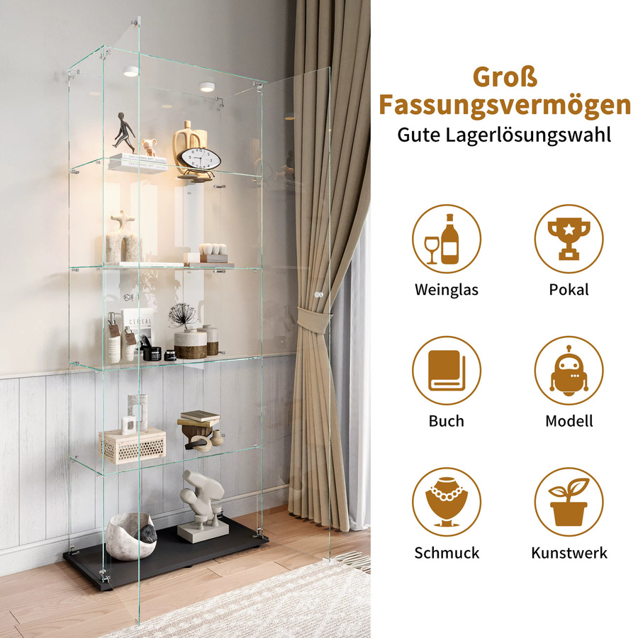 Rosahqnda stehende Glasvitrine in Schwarz mit 5 Glasböden, 2 Glastüren, LED-Beleuchtung und Schloss für dein Wohnzimmer - Bild 4
