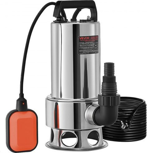 VEVOR Tauchwasserpumpe aus Edelstahl und Gusseisen in Silber, 1300 W, 20000 l/h mit automatischem Schwimmerschalter und 10 m Kabel für Gartenteiche, Schwimmbäder und Whirlpools - Bild 1