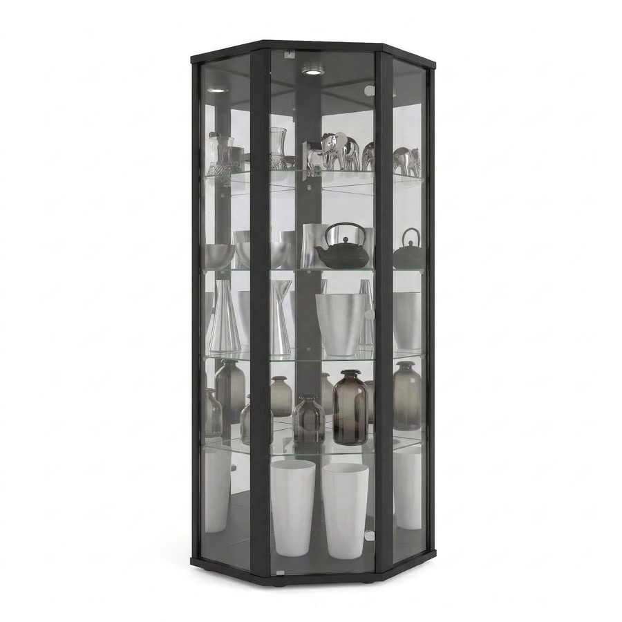 K-Möbel Eckvitrine mit Glasfront, Spiegel und LED-Beleuchtung in Schwarz, H: 176 cm, B: 56,5 cm, T: 56,5 cm - Bild 2