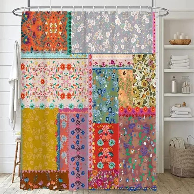 Wasserdichter Duschvorhang mit böhmischem Patchwork-Blumenmuster in Multicolour, B/H: 180 x 180 cm - Bild 1