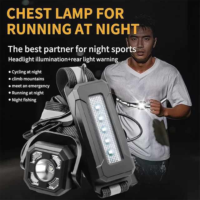 JIASHUAIXIN LED-Nachtlicht als tragbare Brustlampe für Outdoor-Sport, Radfahren und Reiten, USB wiederaufladbar mit eingebautem 18650-Akku - Bild 1