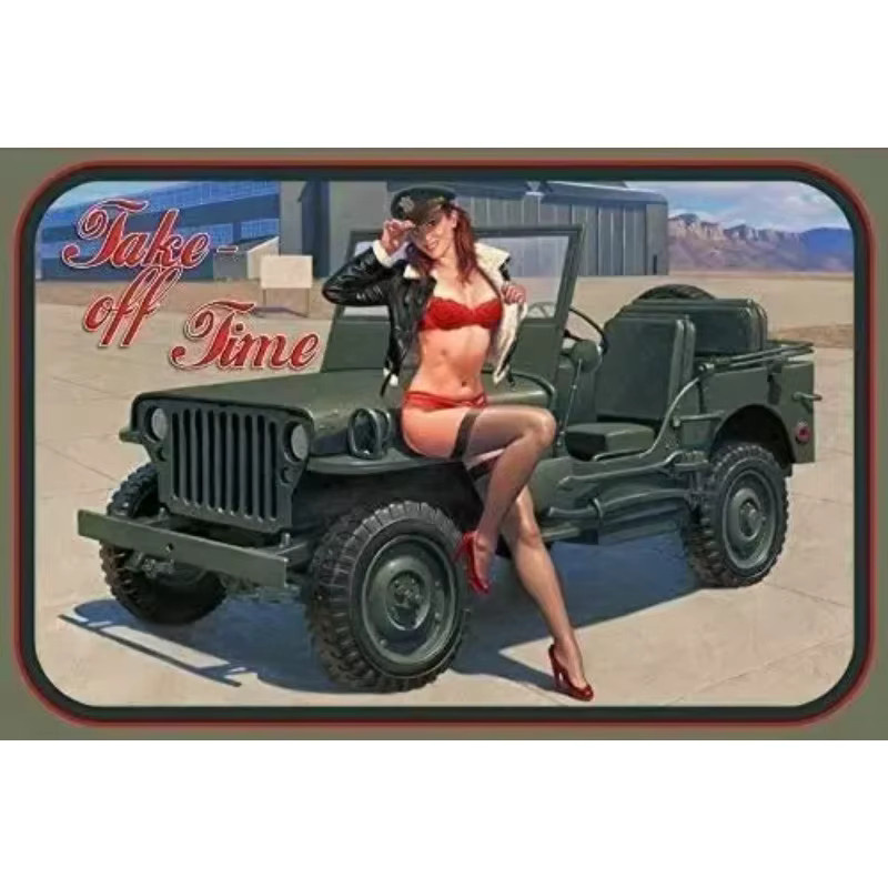 Vintage Metall Blechschild Pinup Girl Take Off Time Multicolour mit Typografie und Porträt - Bild 2