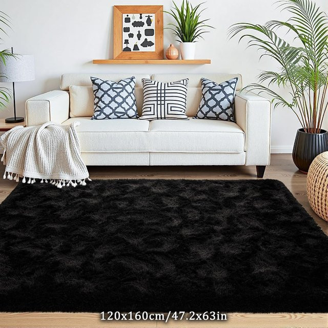 VIKAMA Luxuriöser Plüschteppich in Schwarz, weicher Kunstfell-Teppich für Wohnzimmer, Schlafzimmer oder Badezimmer - Bild 1