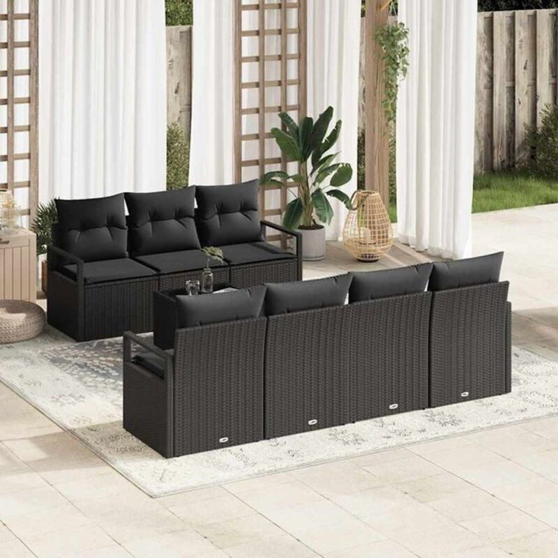 Vidaxl Garten-Sofa-Set aus Polyrattan mit Kissen in Schwarz, 8-teiliges Loungemöbel-Set aus Polyrattan und Stahl, B/T/H: 55 x 55 x 37 cm - Bild 1