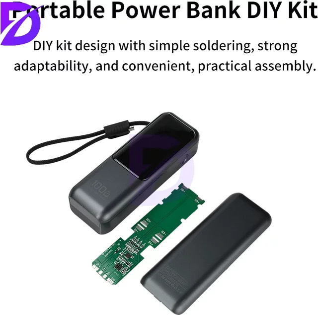 Diymore DIY Powerbank Kit mit integriertem USB-C Kabel, 100 W PD Schnellladung, Graues Gehäuse für 4-Zellen 21700 Batterien - Bild 1
