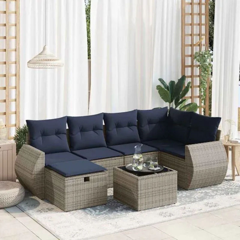 7-tlg. Garten-Sofagarnitur aus Poly-Rattan mit Kissen in Grau von vidaxl - Bild 1