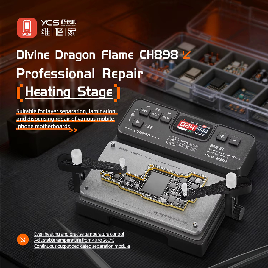 YCS CH898 Divine Dragon Flame PCB Vorheizstation mit 3 Voreinstellungen und Klemmarmen für die Handy-Reparatur, 40-260 °C - Bild 3