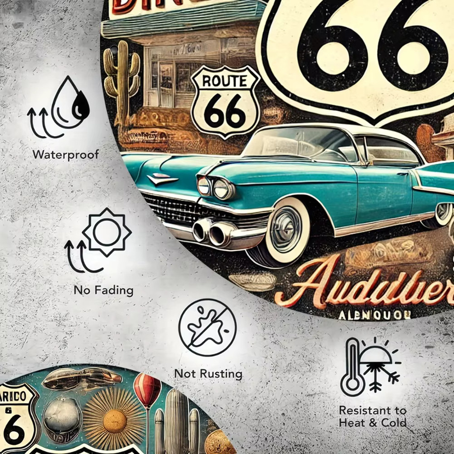 HELLOYOUNG Route66 Vintage-Metallschild, Rundes Retro-Wandkunst-Dekor in Multicolour, B/H: 20,3 x 20,3 cm - Bild 2