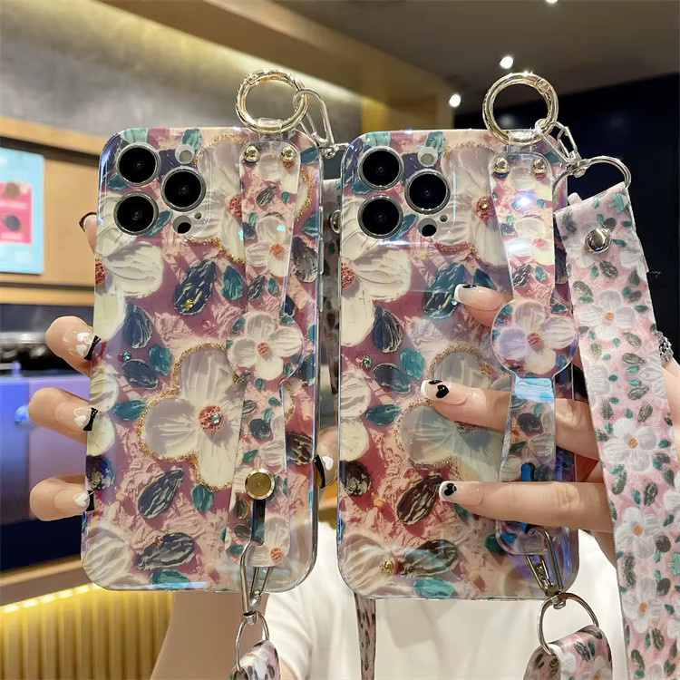 MUQGEW Stoßfeste iPhone Handyhülle mit Blumen-Ölgemälde-Design und Crossbody Lanyard Handgelenk Strap in Multicolour - Bild 2