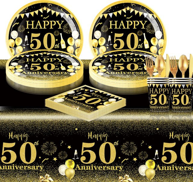 Party-Dekorationsset zum 50. Geburtstag in Schwarz-Gold mit Servietten, Pappbechern, Tischdecke und Tellern - Bild 1