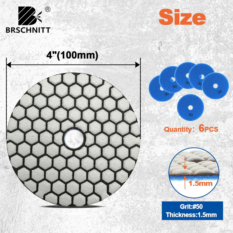 BRSCHNITT Trockenpolierpads Set mit 6 Schleifscheiben für Marmor, Granit und Keramik, Durchmesser: 100 mm, Farbe: Silber - Bild 3