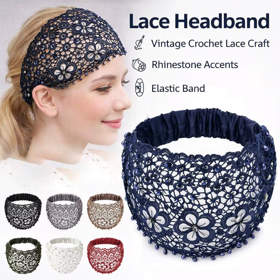 Stirnband Marineblau, Spitze, Blumen, Kunstperlen, Damen - Bild 3